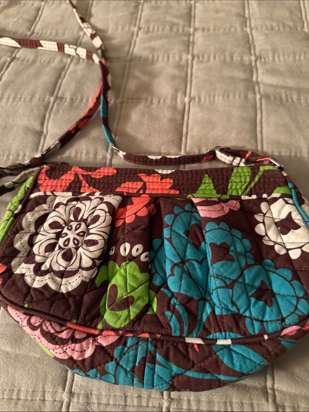 Vera Bradley Quilted Floral Crossbody Bag - Brown with Teal & Pink Accents